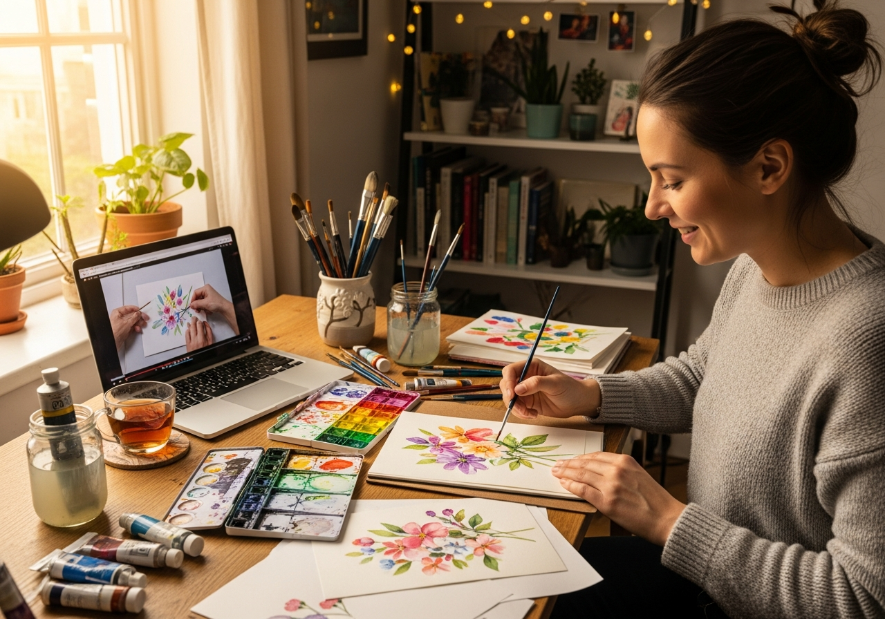 Студент на уроке акварели онлайн